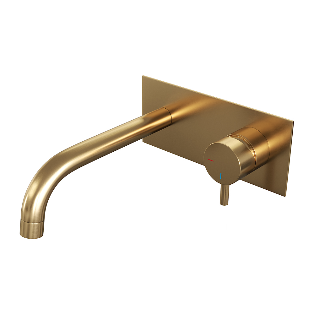 Brauer Gold Edition ColdStart wastafelkraan inbouw gebogen uitloop met achterplaat model B1 geborsteld messing PVD