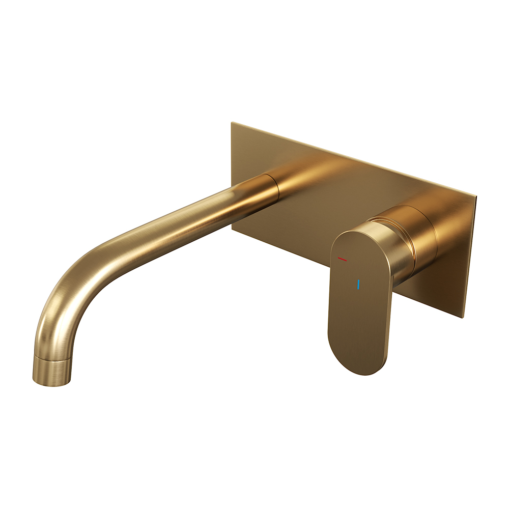 Brauer Gold Edition ColdStart wastafelkraan inbouw gebogen uitloop met achterplaat model C1 geborsteld messing PVD