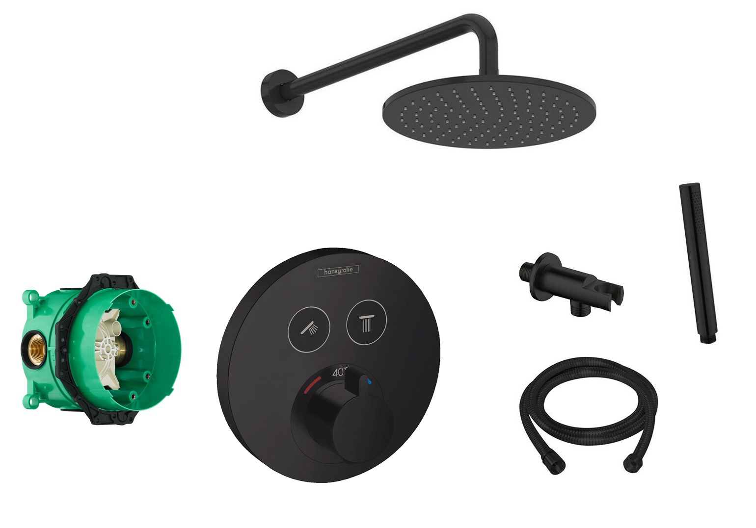 Hansgrohe Shower Select inbouw douchekraan rond met Saniclear Nero 20cm douchekop en wandarm regendouche zwart