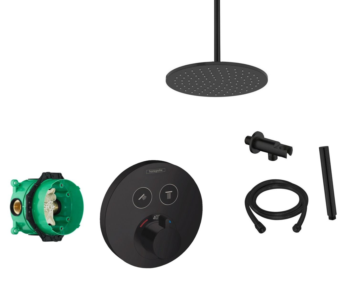 Hansgrohe Shower Select inbouw douchekraan rond met Saniclear Nero 30cm douchekop en plafondarm regendouche zwart