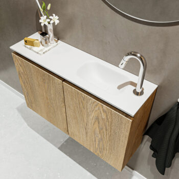 Mondiaz Ture 80cm toiletmeubel washed oak met wastafel talc rechts 1 kraangat